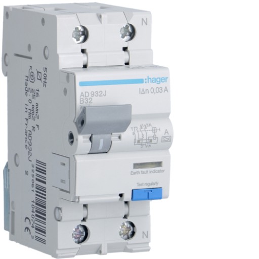 RCBO 1P+N 6kA B-32A 30mA A Class AD932J Hager