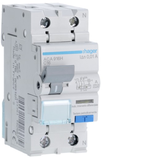RCBO 1P+N 6kA C-16A 10mA A Class ACA916H Hager