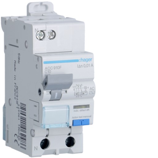 RCBO 1P+N 6kA C-10A 10mA AC Class ACA910F Hager