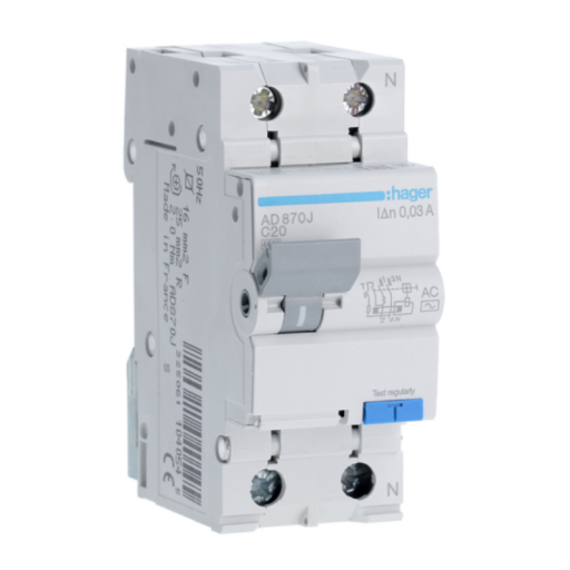 RCBO 1P+N 4.5kA C-20A 30mA AC Class AD870J Hager