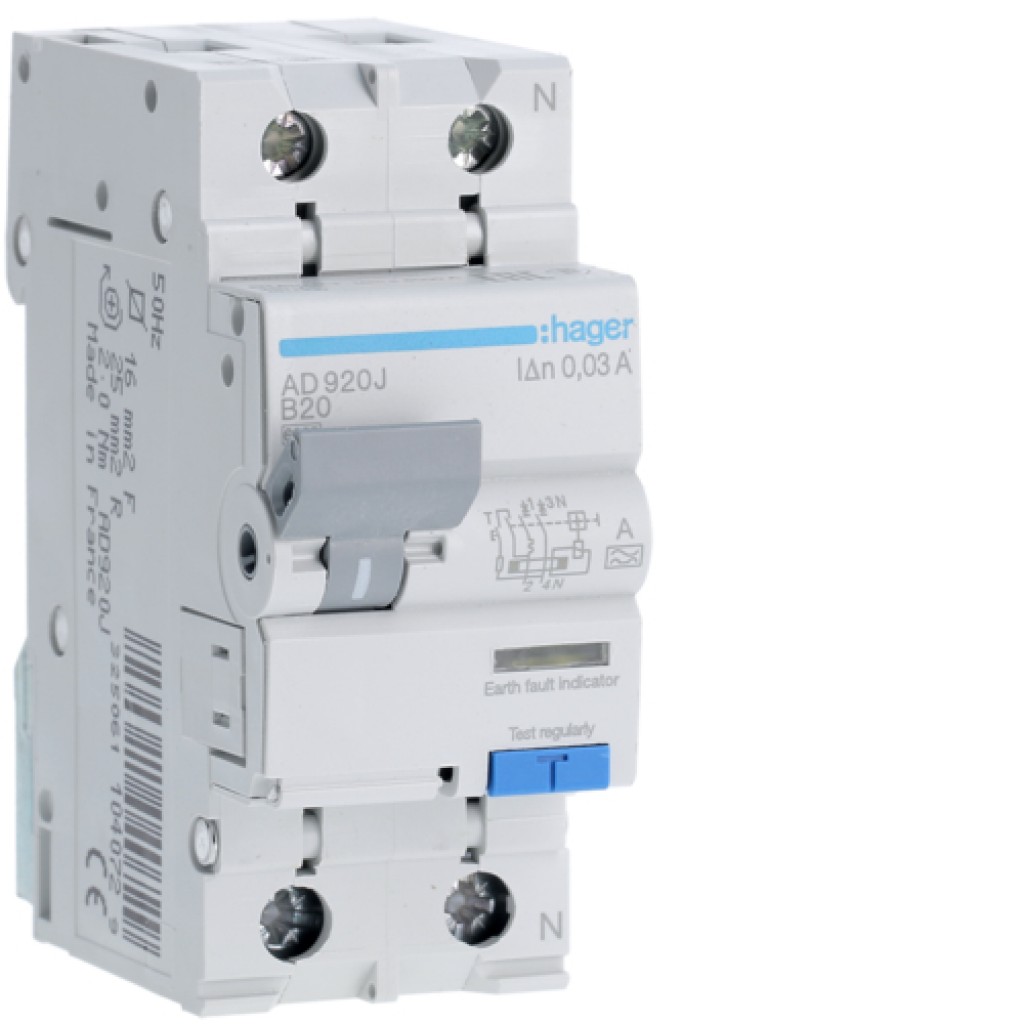 RCBO 1P+N 6kA B-20A 30mA A Class AD920J Hager