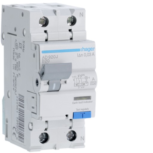RCBO 1P+N 6kA B-20A 30mA A Class AD920J Hager