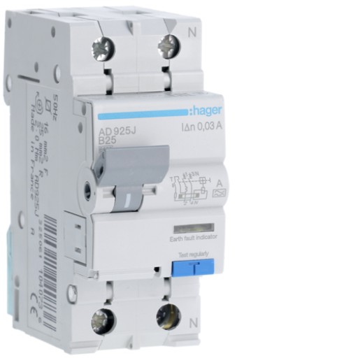 RCBO 1P+N 6kA B-25A 30mA A Class AD925J Hager