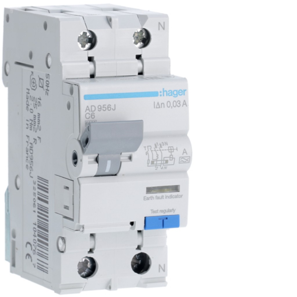 RCBO 1P+N 6kA C-6A 30mA A Class AD956J Hager