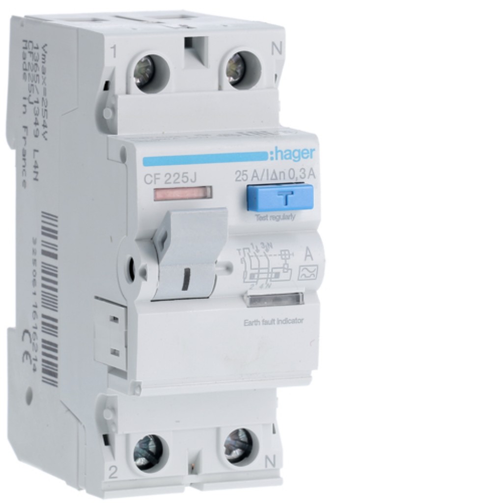 RCCB 1P+N 25A 300mA 6kA A Class CF225J Hager