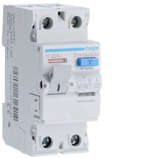 RCCB 1P+N 25A 300mA 6kA A Class CF225J Hager