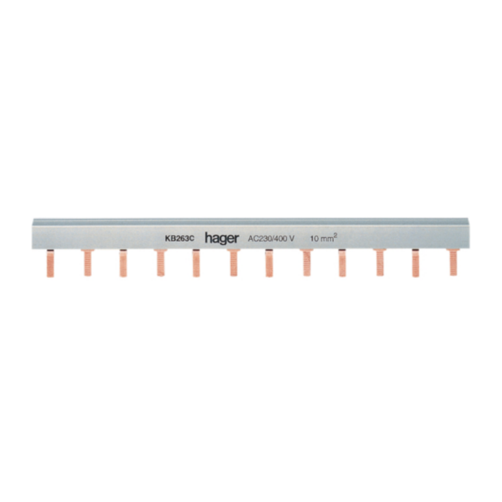 Hager KB263C Phasenschiene 2 polig, mit Stiftanschluss, 10 mm², 63A, 24M grau