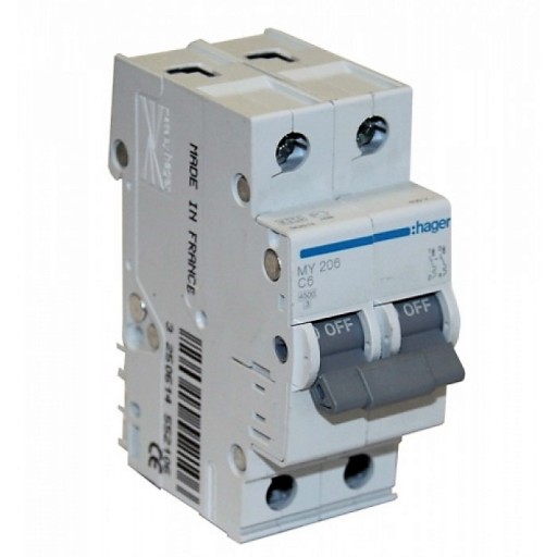 MCB 2P 4.5kA C-6A 2M MY206 Hager