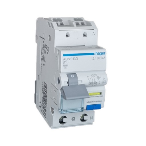 RCBO 1P+N 6kA B-13A 30mA A Class ADS913D Hager