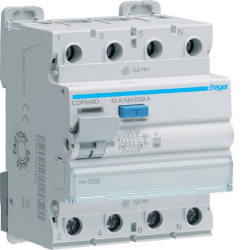 Hager CDF640D FI-Schutzschalter 4-polig 10kA 40A 30mA Typ F 