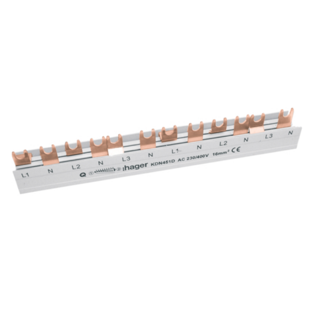Hager KDN451D Phasenschiene 3-polig+N, Gabelanschuss 16mm² 80A 12 Module 