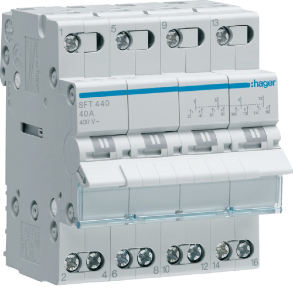 4-pole. 40A Centre OFF Modular Changeover Switch with Top Common Point SFT440 Hager