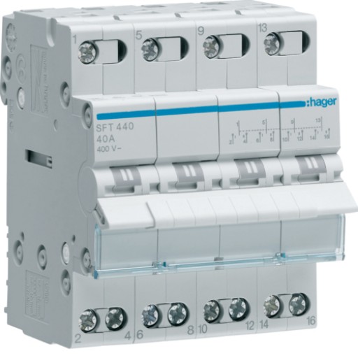 4-pole. 40A Centre OFF Modular Changeover Switch with Top Common Point SFT440 Hager