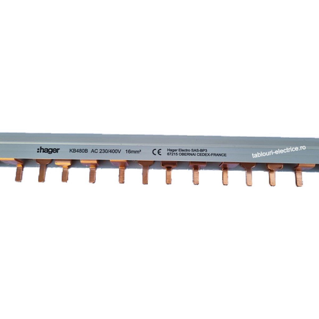 Hager KB480B  Phasenschiene 4 polig, mit Stiftanschluss, 16 mm², 80A, 57 M