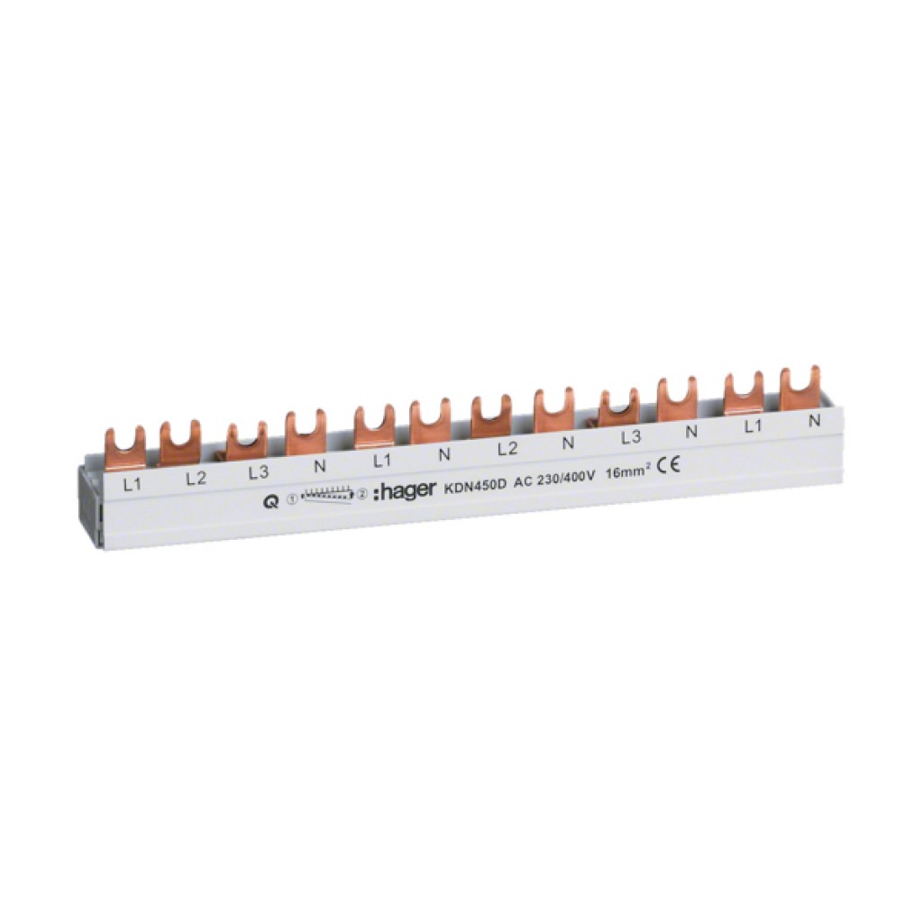 Hager KDN450D Phasenschiene 3-polig+N, Gabelanschuss 16mm² 80A 12 Module 