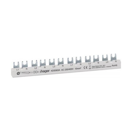 Hager KDN563A Phasenschiene 3-polig+N, Gabelanschuss 16mm² 80A 12 Module 