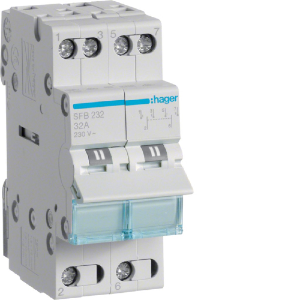 2-pole 32A Centre OFF Modular Changeover Switch with Bottom Common Point SFB232 Hager