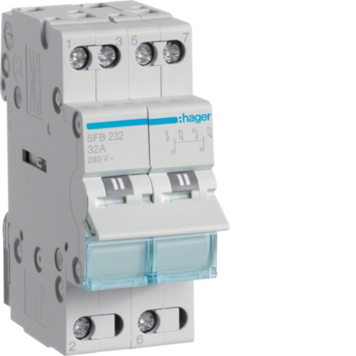 2-pole 32A Centre OFF Modular Changeover Switch with Bottom Common Point SFB232 Hager