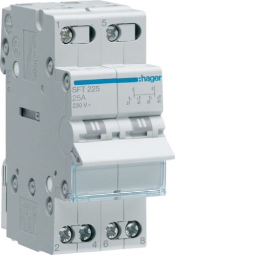 2-pole. 25A Centre OFF Modular Changeover Switch with Top Common Point SFT225 Hager