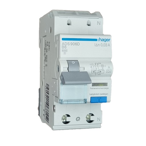 RCBO 1P+N 6kA B-6A 30mA A Class ADS906D Hager