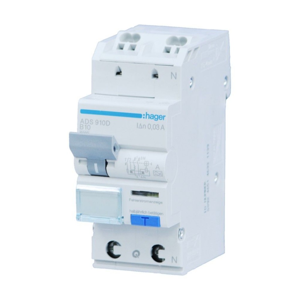 Hager FI-LS 1P+N 6kA B-10A 30mA Typ a QC ADS910D