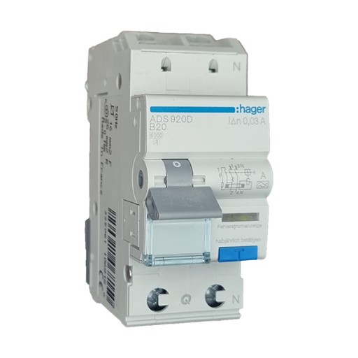 RCBO 1P+N 6kA B-20A 30mA A Class ADS920D Hager
