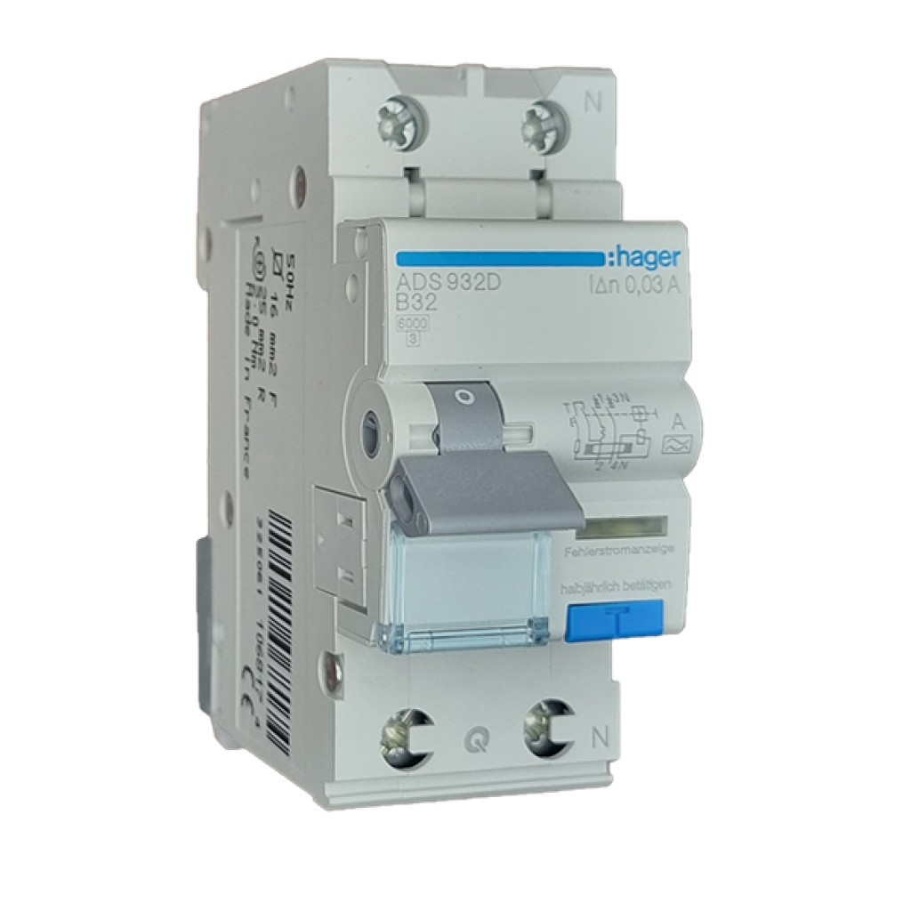 RCBO 1P+N 6kA B-32A 30mA A Class ADS932D  Hager