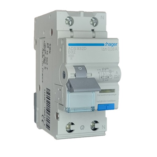 RCBO 1P+N 6kA B-32A 30mA A Class ADS932D  Hager