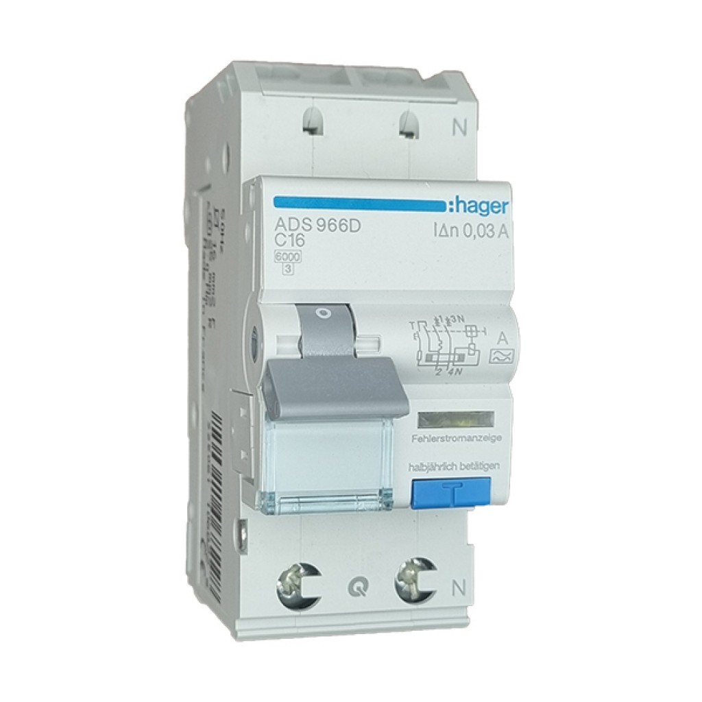 Hager FI-LS 1P+N 6kA C16A 30mA Typ A ADS966D 