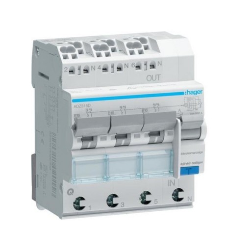 RCBO 4P 6kA B-16A 30mA A Class ADZ316D Hager