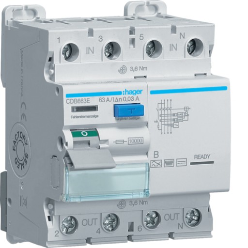 Hager CDB663E FI-Schutzschalter 4-polig 10kA 63A 30mA Typ B