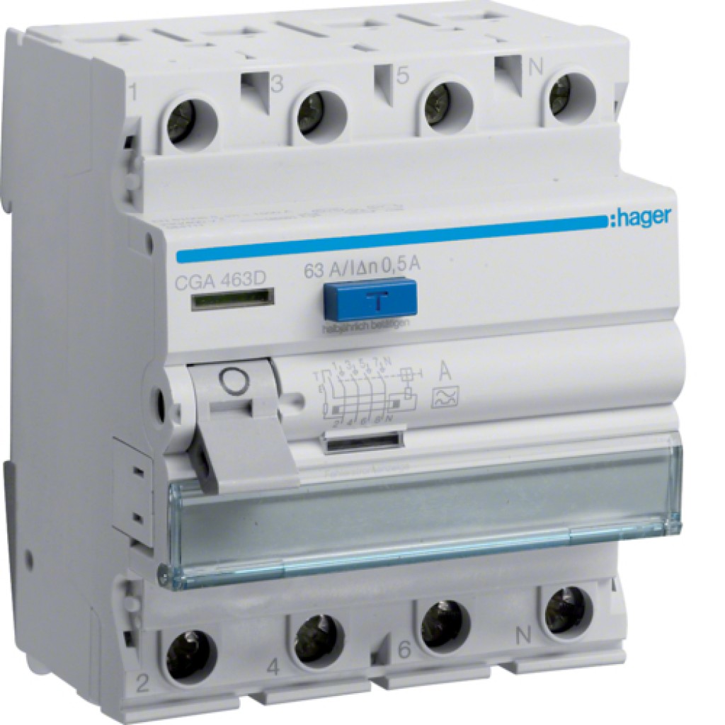 Hager CGA463D FI-Schutzschalter 4P polig 6kA 63A 500mA Typ A 