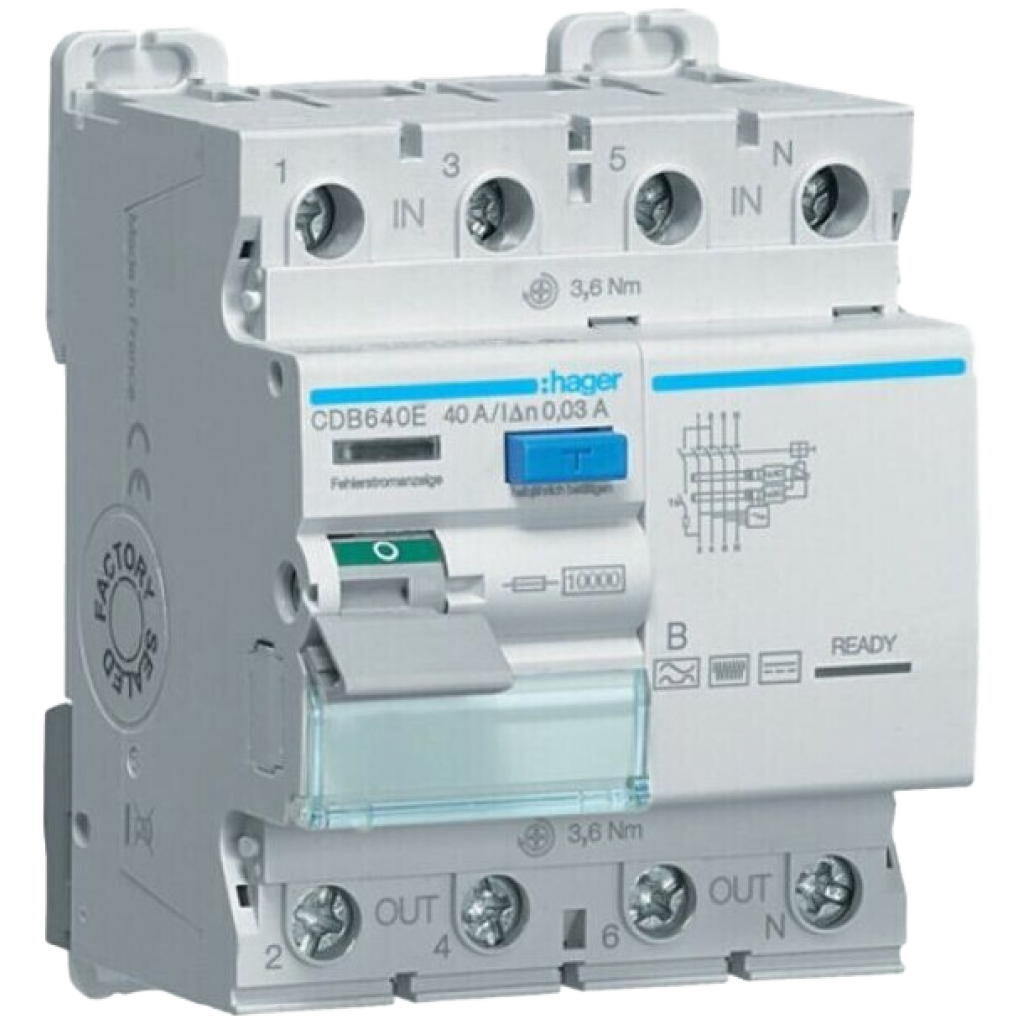 RCCB 4P 40A 30mA 10kA B Class CDB640E Hager
