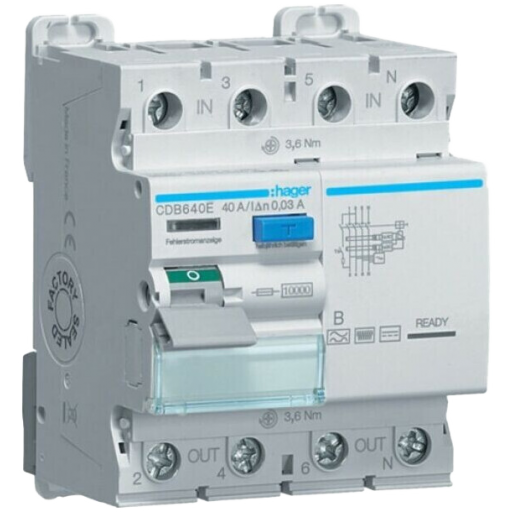 RCCB 4P 40A 30mA 10kA B Class CDB640E Hager
