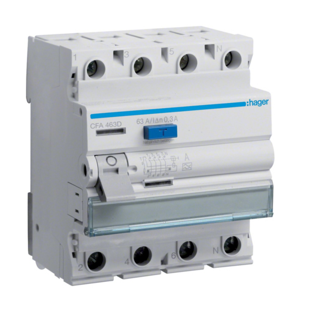 Hager CFA463D FI-Schutzschalter 4P polig 6kA 63A 300mA Typ A 