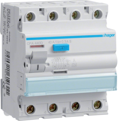 RCCB 4P 40A 300mA 6kA A Class S CPA440E Hager