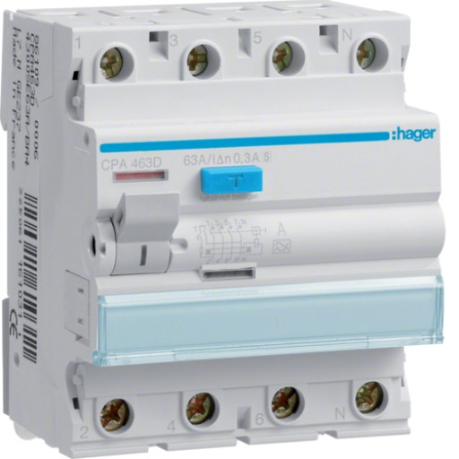 RCCB 4P 63A 300mA 6kA A Class S CPA463E Hager