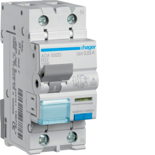 RCBO 1P+N 10kA B-32A 30mA A Class ADA532D Hager
