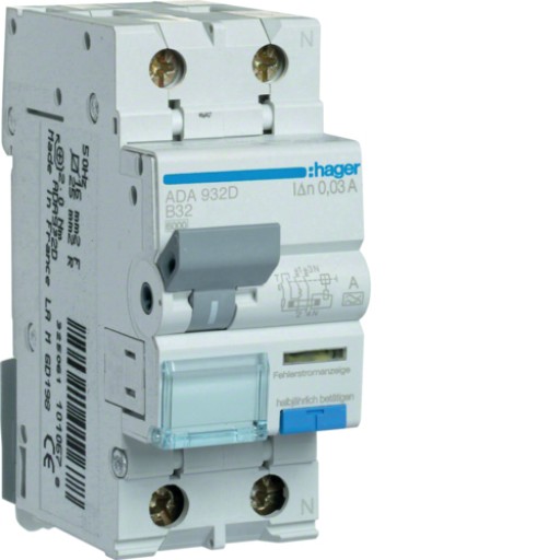 RCBO 1P+N 6kA B-32A 30mA A Class ADA932D Hager