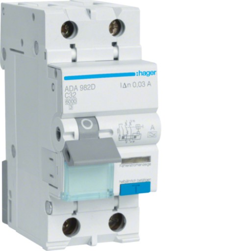 RCBO 1P+N 6kA C-32A 30mA A Class ADA982D Hager