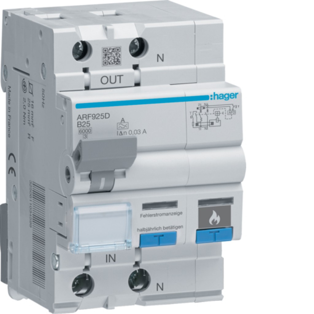 RCBO with dangerous arc detection 25A B curve 6kA Type A 30mA ARF925D Hager