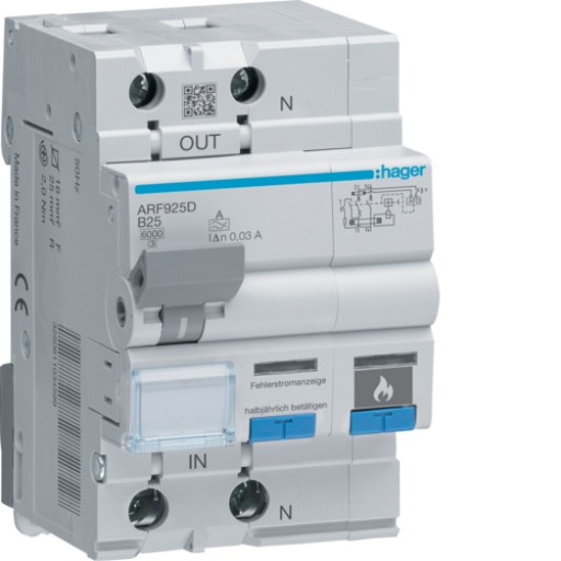 RCBO with dangerous arc detection 25A B curve 6kA Type A 30mA ARF925D Hager