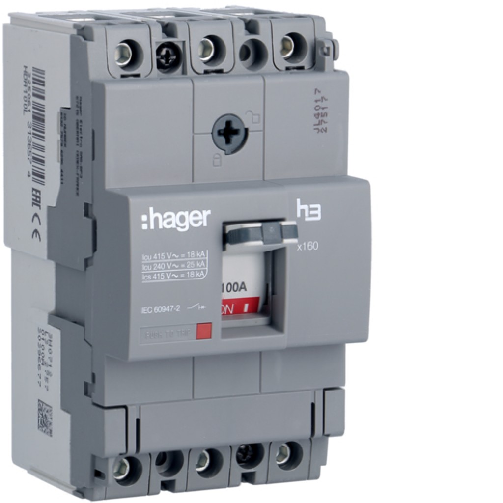 Moulded Case Circuit Breaker X160 TM FIX 3P 100A 18kA HDA100L Hager
