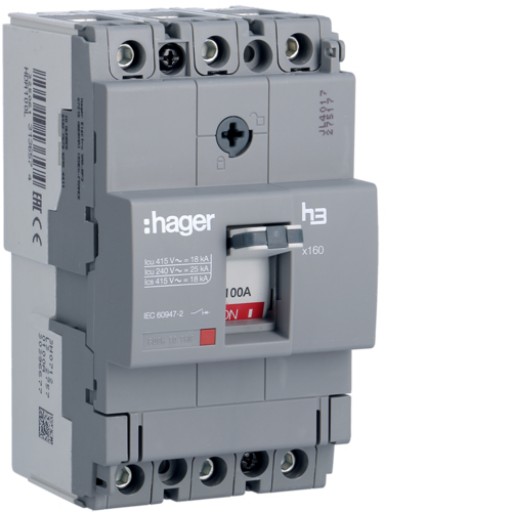Moulded Case Circuit Breaker X160 TM FIX 3P 100A 18kA HDA100L Hager
