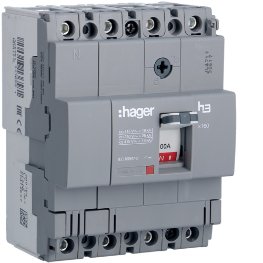 Moulded Case Circuit Breaker X160 TM FIX 4P 100A 18kA HDA101L Hager