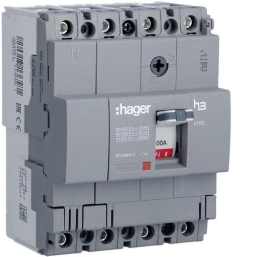 Moulded Case Circuit Breaker X160 TM FIX 4P 100A 18kA HDA101L Hager