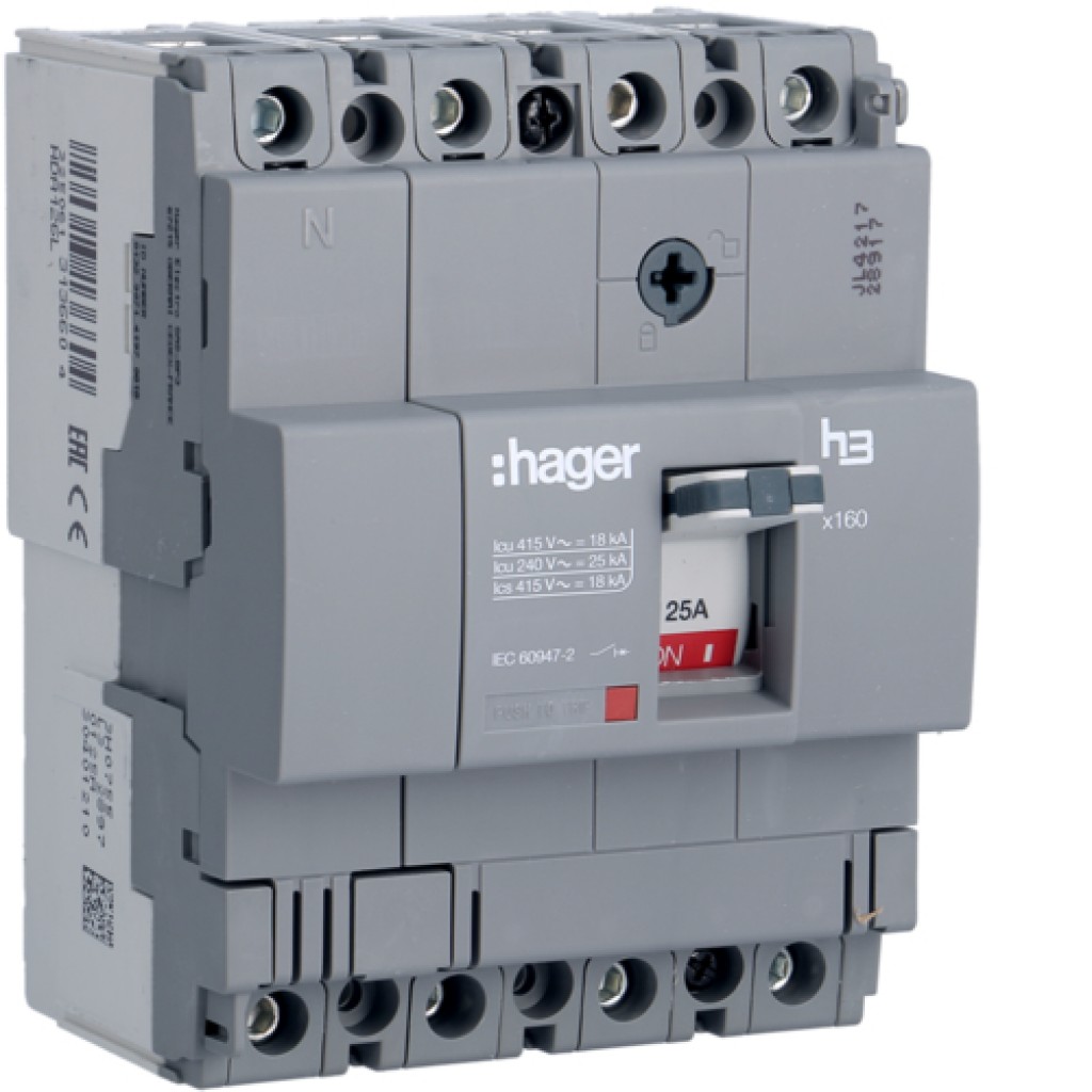 Moulded Case Circuit Breaker X125 TM FIX 4P 100A 18kA HDA126L Hager