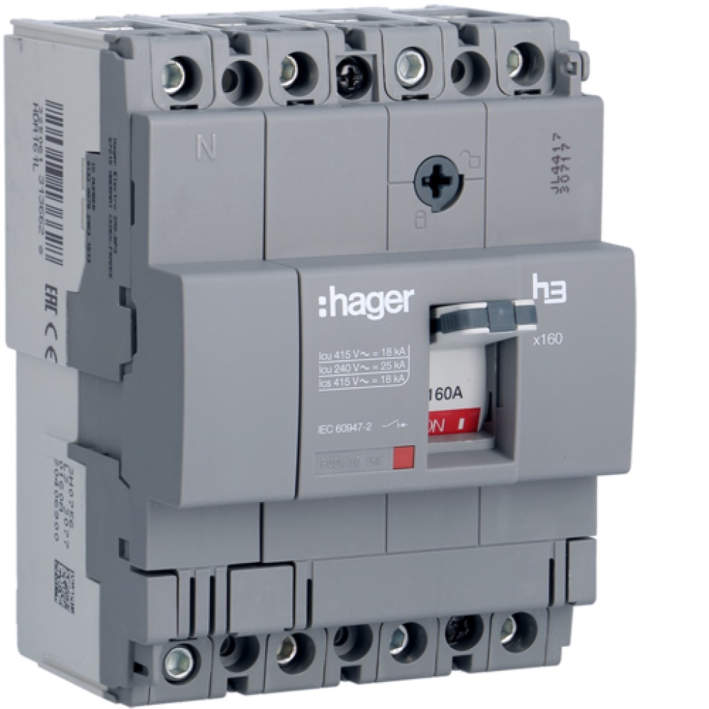 Moulded Case Circuit Breaker X160 TM FIX 4P 100A 18kA HDA161L Hager