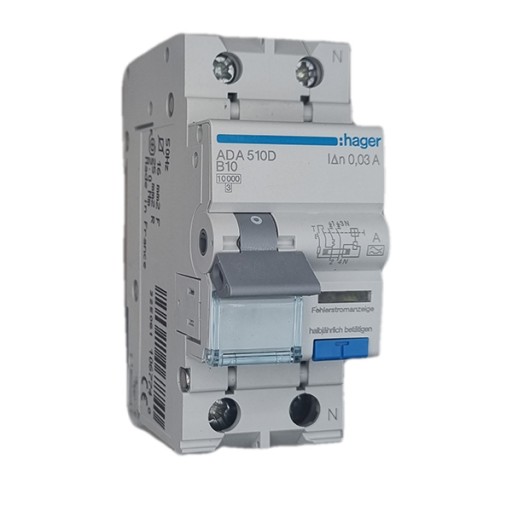 RCBO 1P+N 10kA B-16A 30mA A Class ADA516D Hager