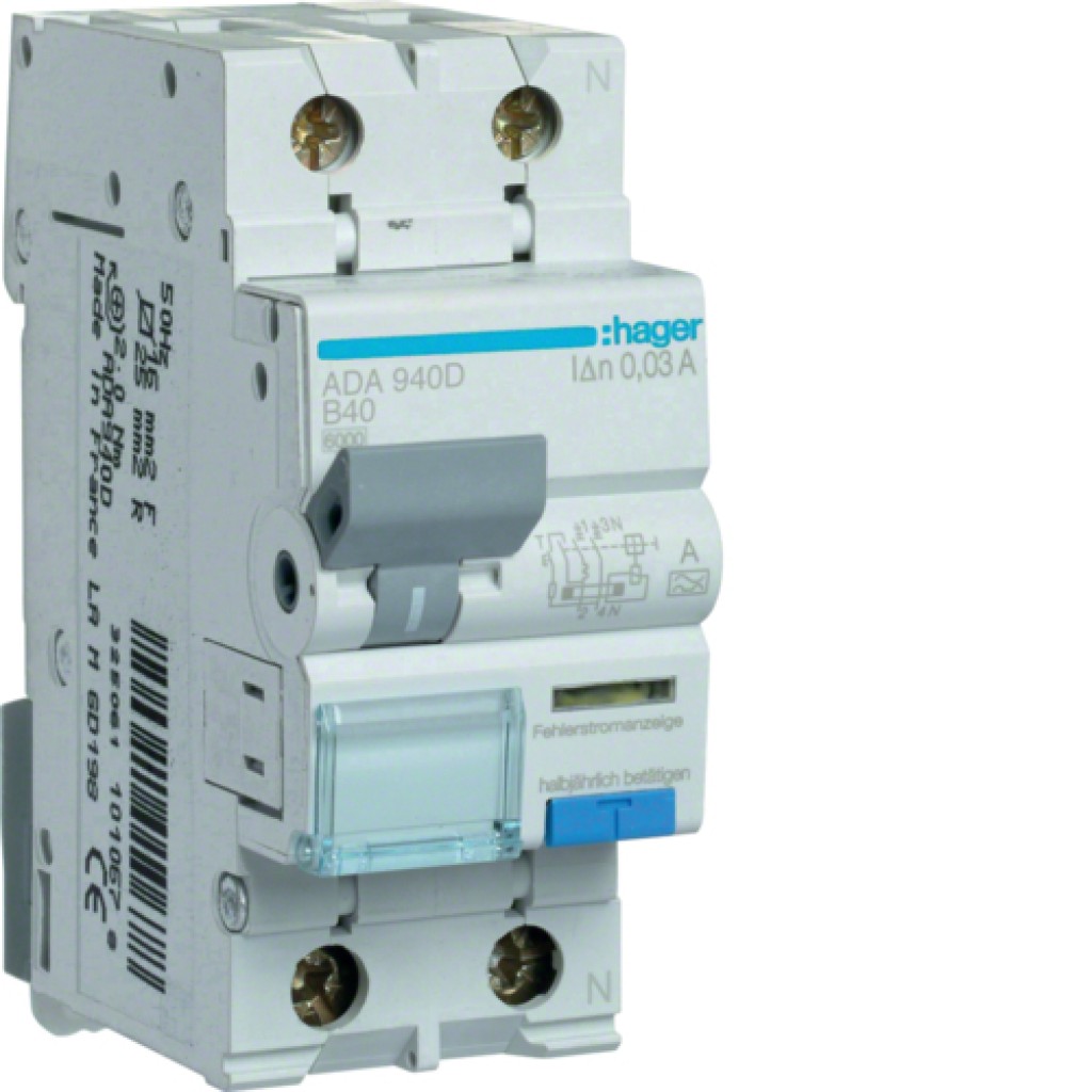 RCBO 1P+N 6kA B-40A 30mA A Class ADA940D Hager
